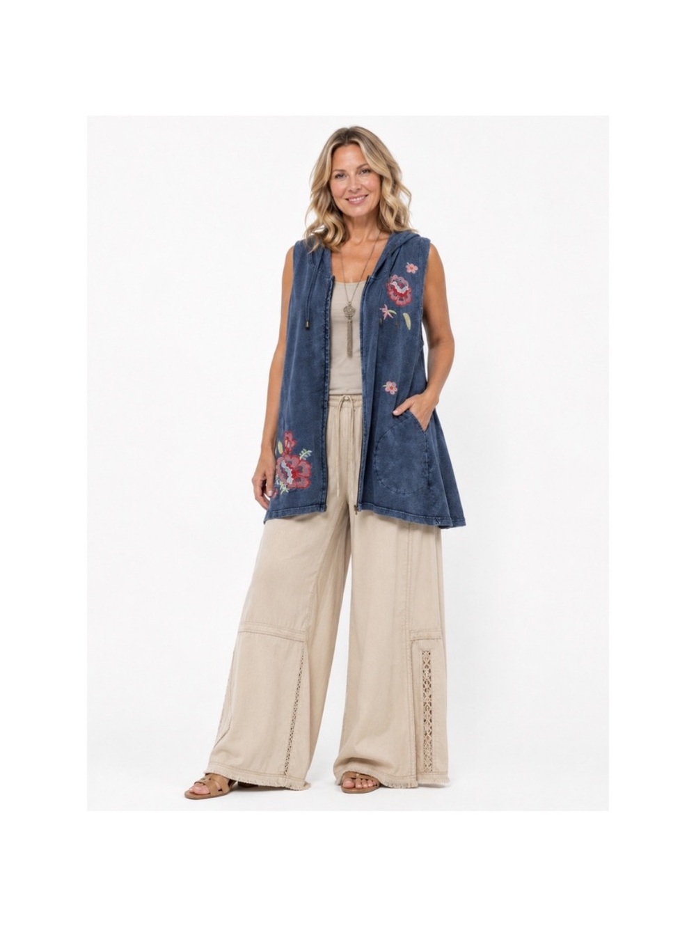 Washed Blue Embroidered Hooded Vest -  boho western
